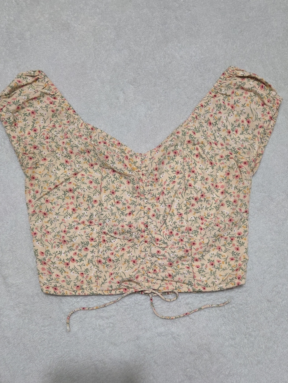 Japna Cream Floral Lace-Up Puff Sleeve Crop Top